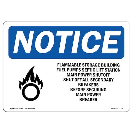 Signmission OSHA Sign, 12" H, 18" W, Aluminum, Flammable Storage Building Fuel Sign With Symbol, Landscape OS-NS-A-1218-L-12779
